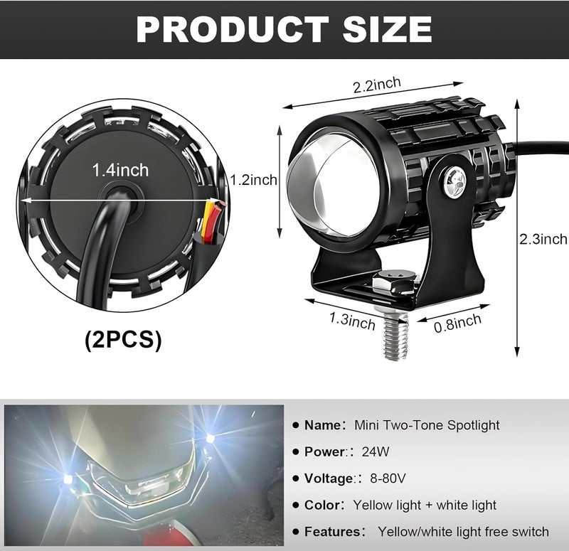 Wevdn 2PCS Motorcycle LED Driving Fog Lights, Super Bright White/Amber Motor Auxiliary LED Spotlights with 2 Switch, Waterproof Aux Motorcycle Headlight for Car Truck ATV Tractor (8-80v) - Image 2
